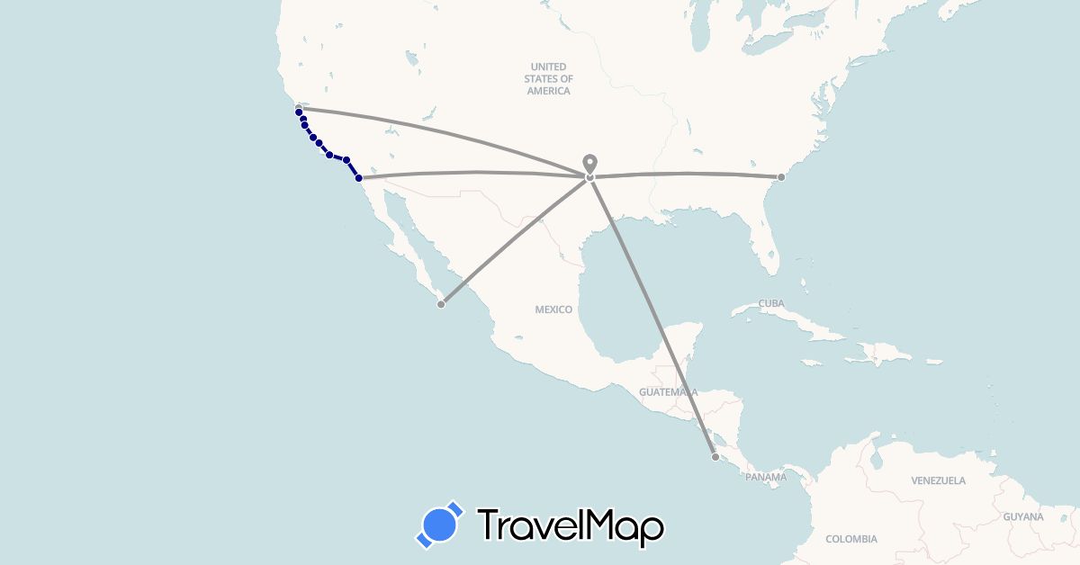 TravelMap itinerary: driving, plane in Costa Rica, Mexico, United States (North America)