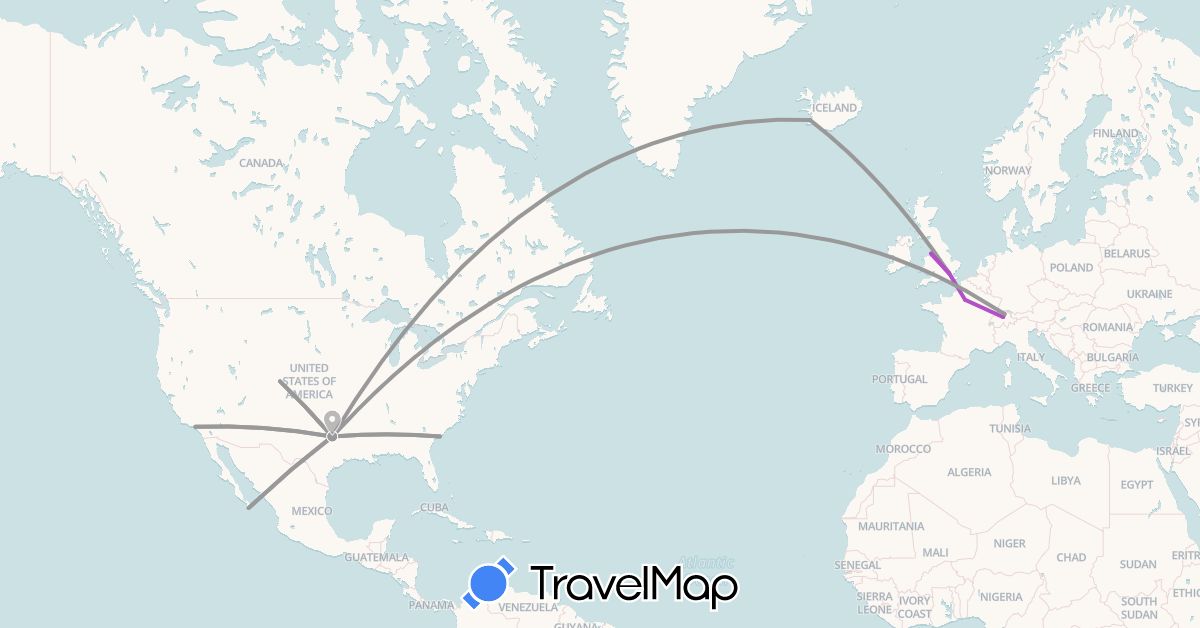 TravelMap itinerary: driving, plane, train in Switzerland, France, United Kingdom, Iceland, Mexico, United States (Europe, North America)