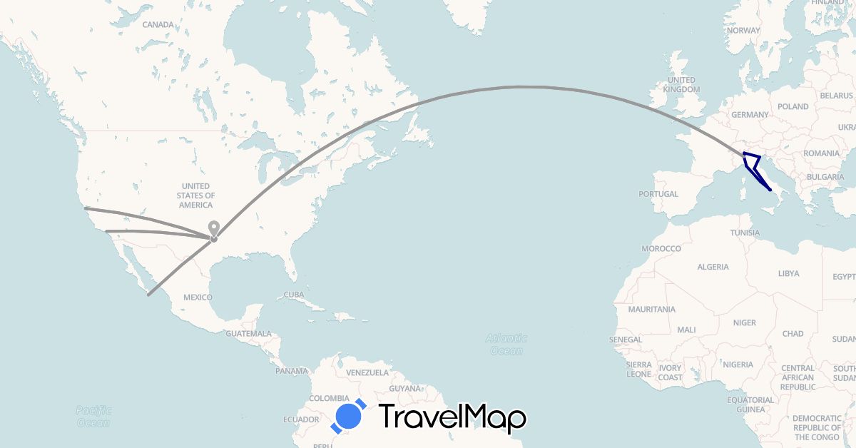 TravelMap itinerary: driving, plane in Italy, Mexico, United States (Europe, North America)