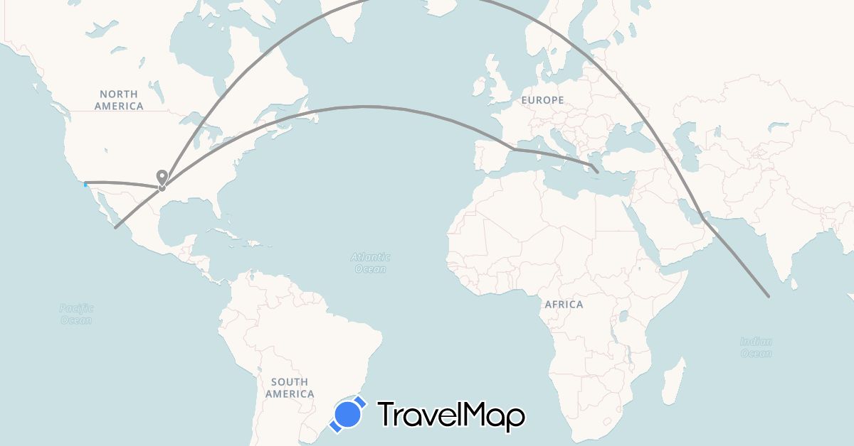 TravelMap itinerary: driving, plane, boat in United Arab Emirates, Spain, Greece, Maldives, Mexico, United States (Asia, Europe, North America)
